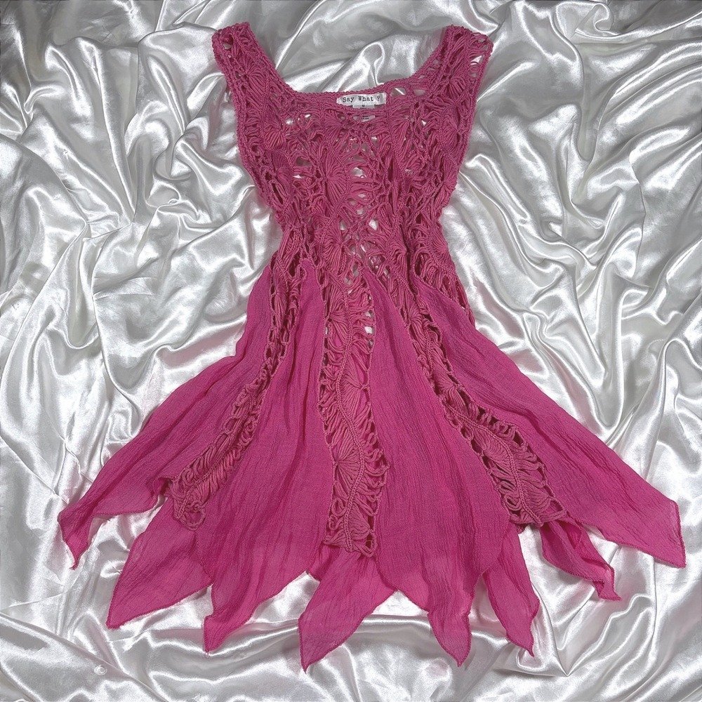 y2k Crochet Handkerchief Hem Top Pink Excellent Fairycore Sleeveless Say What? M